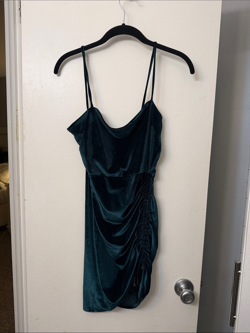 Windsor Teal Velvet Cowl Ruched Mini Dress